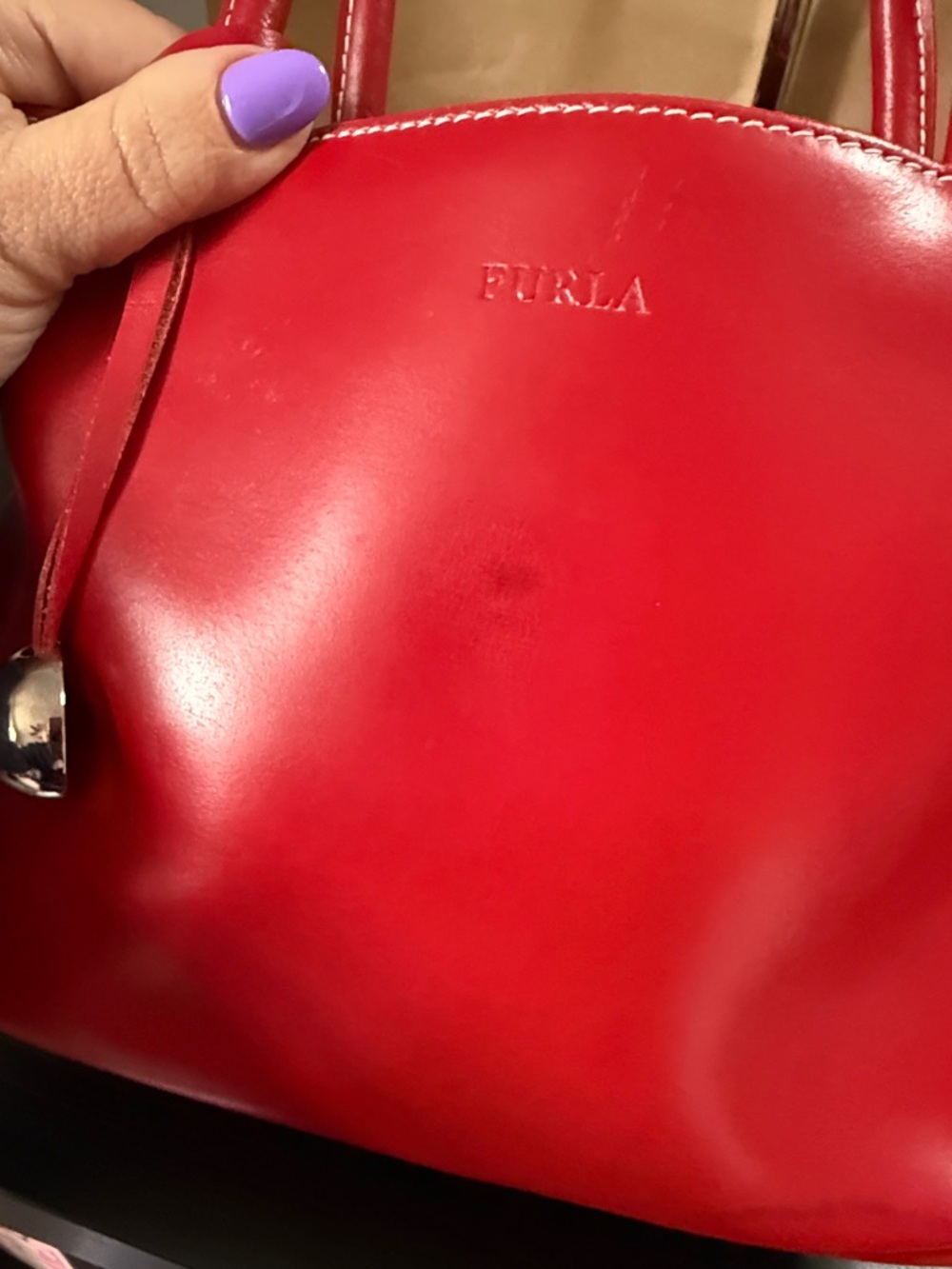 Furla Red Leather Shoulder Tote with Crossbody Strap - Picture 8 of 14